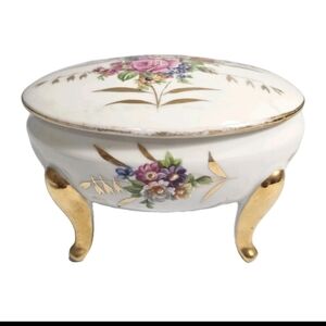 LIMOGES  FRANCE  EGG SHAPE FLORAL HANDPAINTED FOOTED WHITE VINTAGE TRINKET BOX